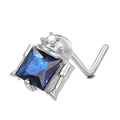 L-shaped titanium steel nose stud with square blue stone and clear zircon detail - Blue Gemstone Style (BD00311 Silver)