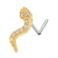 20G gold snake nose stud with L-shaped steel post and micro-pave zircon crystals - Snake Style (BD00543 Gold)