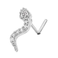 Titanium steel L-shape nose stud featuring a silver snake design with clear zircons - Snake Style (BD00543 Silver)