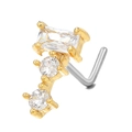 Golden L-shaped nose stud featuring rectangle and round clear zircon stones - Triple Stone Geometric Style (BD00344 Gold)
