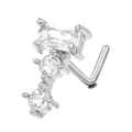 Titanium steel L-shaped nose stud featuring three-stone emerald and round zircon design - Triple Stone Geometric Style (BD00344 Silver)