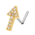 Titanium L-shape nose stud with gold arrow head and pavé-set zircons on silver post - Arrow Style (BD00502 Gold)