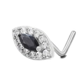L-shaped surgical steel nose stud with marquise black stone and pavé zircon halo - Marquise Eye Style (BD00342) / Silver