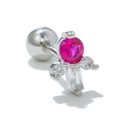 Silver stainless steel stud with pink zircon and clear crystals with screw back ball - Rose Red Main Stone Flower Style (EGD0734 Silver)