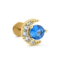 Orecchino labret a luna dorata con pietra blu e zirconi per cartilagine auricolare - Oro