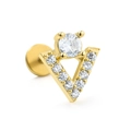 Clou de piercing en V doré avec cristal rond et pavage de zircons cubiques - Style V Micro-Pavé (CD00821 Or)