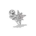 Macro shot of silver octagonal star cartilage stud with cubic zirconia and ball back screw - Eight-Pointed Star Shape (EGD0515 White Gold)
