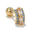 Close-up of gold dinosaur cartilage stud with blue zircon and screw back closure - Curved Rectangle Style (EGD0316 Gold)