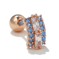 Detail of rose gold moon cartilage stud with blue and clear zircon and screw ball back - Curved Rectangle Style (EGD0316 Rose Gold)