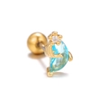 Macro detail of gold moon stud with blue zircon and floral accent on stainless steel post - Crescent Flower Style (EGD0780 Gold)