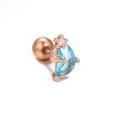 Detailed macro of a rose gold crescent moon stud with blue zircon and a screw-back ball - Crescent Flower Style (EGD0780 Rose Gold)
