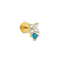 Gouden labret met witte zirkonia bloemen en blauwe edelsteenaccent op een platte achterkant - Blauwe Edelsteen Bloemencluster Stijl (CD00768金色)