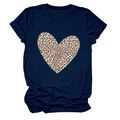 Close-up of leopard print heart graphic on navy blue short sleeve cotton t-shirt - S / Navy Blue