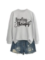 Detail of grey Reading is my Therapy sweatshirt paired with distressed denim shorts - S / Grey (Black Font)