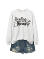Detail of gray sweatshirt fabric with Reading is my Therapy print and size tag - S / Off White (Black Font)