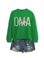 Dettaglio della felpa girocollo verde OMA life con pantaloncini in denim usurati - S / Verde Erba