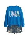 Dettaglio felpa blu reale con ricamo OMA life e pantaloncini in denim stile vintage - S / Blu Lago