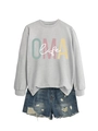 Détail de l'imprimé OMA life sur sweatshirt gris à manches longues et short en jean - Gris