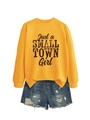 Yellow sweatshirt with Just a SMALL TOWN Girl print and ripped denim shorts set - Yellow