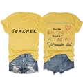 Front and back view of yellow teacher t-shirt with inspirational message and denim shorts - Yellow (Black Graphic)