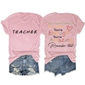 Detail of pink cotton t-shirt with teacher quote print and light blue denim shorts - Pink (Black Graphic)