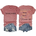 Detailed back view of casual t-shirt with Dear students behind me inspirational print - Rose Gold (Black Graphic)