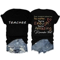 Detail of black teacher t-shirt featuring rainbow dots text and back student message - Black (White Graphic)