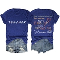 Front and back view of a navy blue teacher t-shirt featuring inspirational quotes on back - Retro Blue (White Graphic)