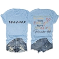 Front and back detail of blue teacher t-shirt set with cursive text and denim shorts - Light Blue (Black Graphic)