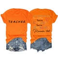 Front and back view of an orange Teacher t-shirt with inspirational quote print - Orange (Black Graphic)