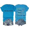 Detail of blue t-shirt with teacher text and motivational quote on back side - Lake Blue (Black Graphic)