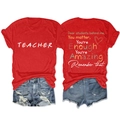 Detail view of red cotton tee with white Teacher print and distressed denim shorts - Red (White Graphic)