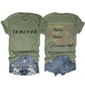 Green t-shirt showing front and back teacher print with denim shorts set on white background - Olive Green (Black Graphic)
