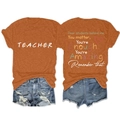 Flat lay of teacher t-shirt set with 'Dear students behind me' back print and denim shorts - Burnt Orange (White Graphic)