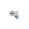 Silver steel labret stud with flower-shaped zircon and round blue turquoise stone - Blue Gemstone Floral Cluster Style (CD00768 White Gold Tone)