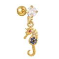 Golden seahorse stud earring with pink and blue zircons and a barbell screw back - Seahorse Style (EGD1182) / Gold