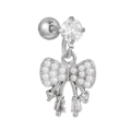 Silver bow stud earring with round zircon and white faux pearl drop pendant - Bowknot Design (EGD1190) / Silver