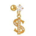 Gold dollar sign earring with cubic zirconia pavé and threaded screw back ball closure - Dollar Sign Design (EGD1189) / Gold