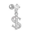 Silver-finish earring with dollar sign pendant and round zircon stones on white background - Dollar Sign Design (EGD1189) / Silver