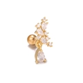 Close-up of gold screw back ear stud featuring zircon leaves and a teardrop pendant - Cluster Water Drop Style-Gold (EGD0817)