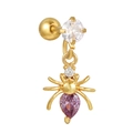 Golden spider drop piercing earring with purple heart gemstone and clear zircon accents - Spider Design (EGD1150) / Gold