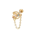 Detail of gold wing cartilage stud featuring a white pearl, colorful gems and dangling chain - Gold Chain Moon Style (EGD0850)