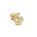 Macro detail of moon stud earring with blue heart gemstone and screw ball back - Gold Heart Moon Style (EGD0772)