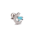 Macro shot of silver crescent moon cartilage stud with blue heart stone and star charms - White K Heart Moon Style (EGD0772)