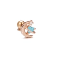 Detailed macro view of rose gold moon and heart stud earring with blue gemstone - Rose Gold Heart Moon Style (EGD0772)