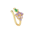 U-shaped gold faux nose ring with purple grape zircon clusters and green leaf inlay - Purple Grape Style / Gold (EGJ0101)