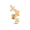Detailed view of gold butterfly cartilage piercing earring with iridescent wing inlay - Vertical Triple Butterfly (EGD0881 Gold)