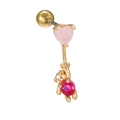 Detail of bear stud earring with pink heart and magenta zircon stone in gold finish - Gold Bear with Gem Style (EGD0996)