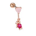 Detail of rose gold bear stud earring with pink heart and magenta zircon stones - Rose Gold Bear with Gem Style (EGD0996)