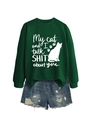 Close-up of dark green sweatshirt featuring white cat silhouette and humorous text print - Dark Green (White Font)